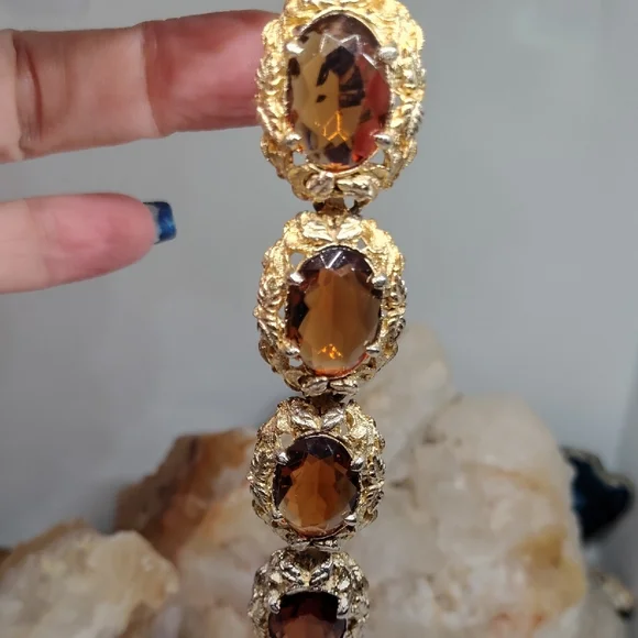 Art Deco Czech Glass Elegant Gold Gilt Women's Bracelet - Picture 8 of 10